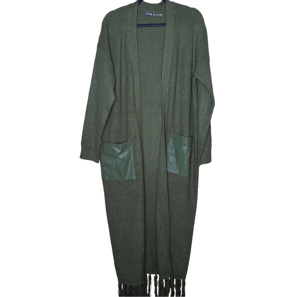 ILLord Olive Green Duster Cardigan Faux Leather Pockets Fringe Hem 2X IL2012X